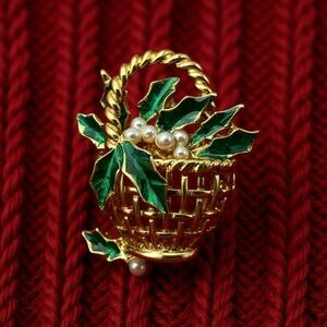 D’orlan Boucher Christmas Holly Basket Brooch